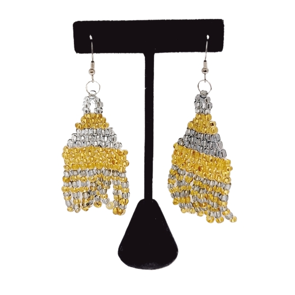Boho Style Pyramid Tassel Czech Glass Beaded Dangle Earrings Gold and Silver - Picture 2 of 4